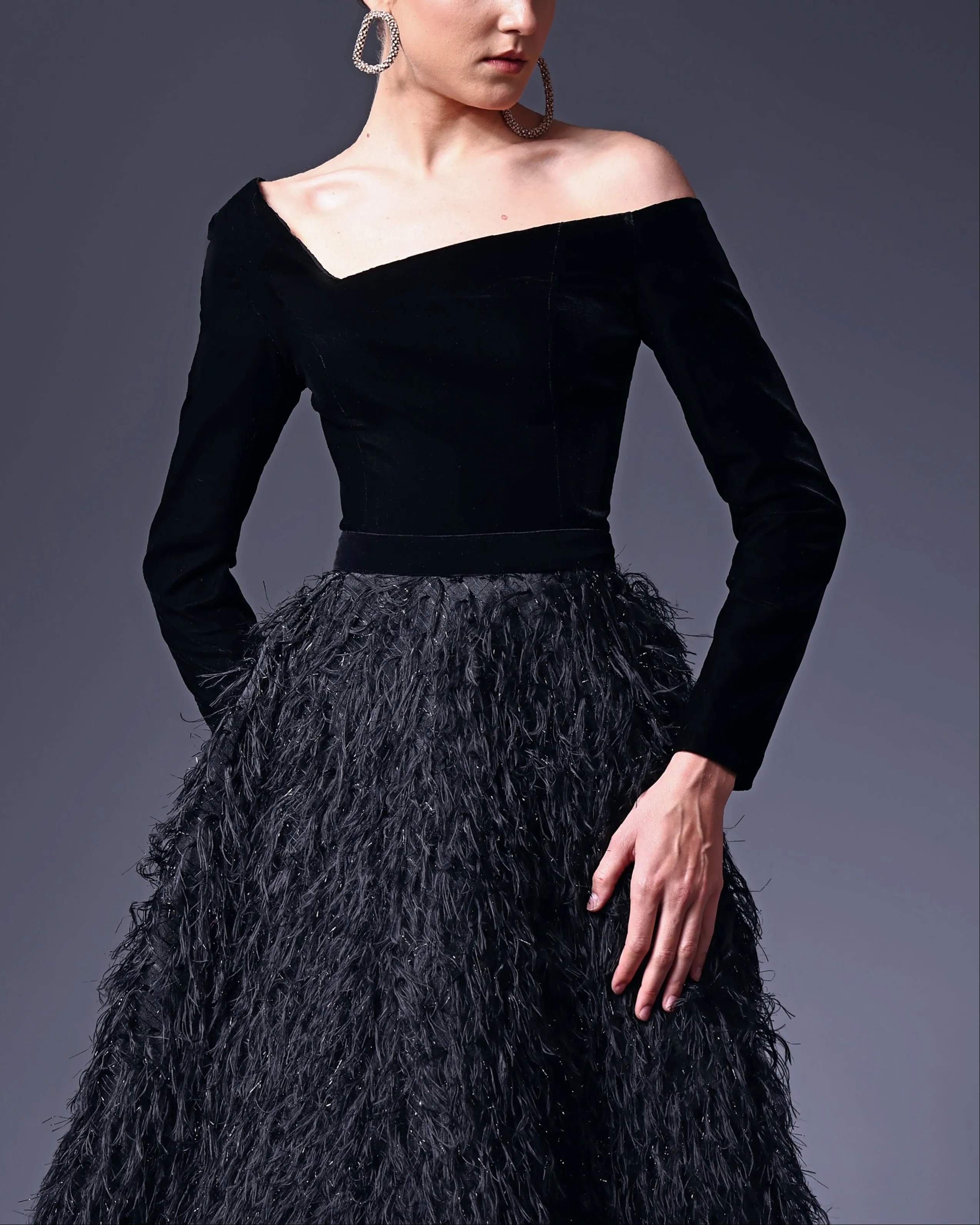 Black Off-the-Shoulder Asymmetrical  Gown