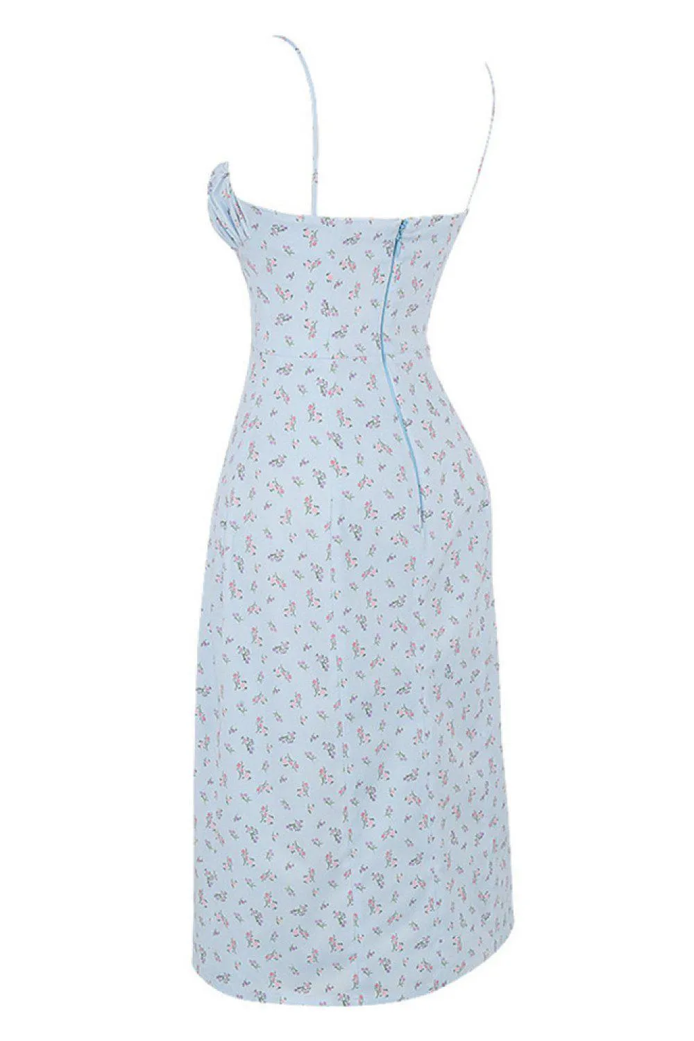 Blue Zone Planet |  Ditsy Floral Ruched Bust Thigh Slit Midi Dress