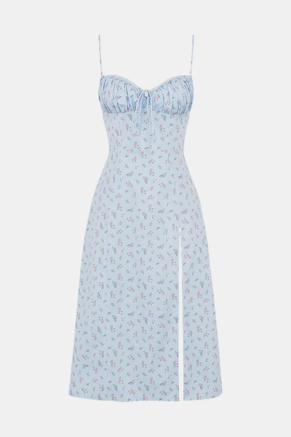 Blue Zone Planet |  Ditsy Floral Ruched Bust Thigh Slit Midi Dress