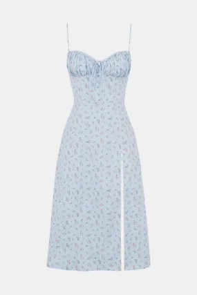 Blue Zone Planet |  Ditsy Floral Ruched Bust Thigh Slit Midi Dress