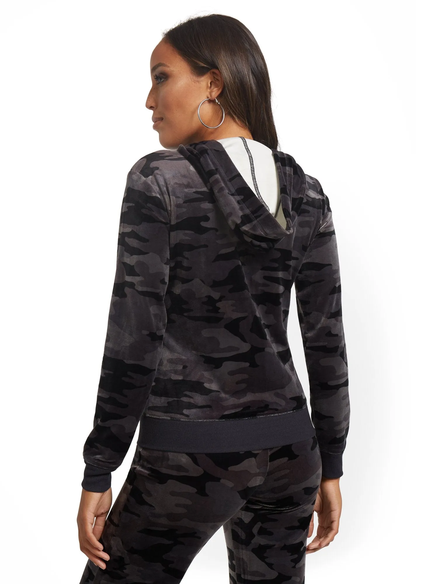 Camo-Print Hooded Velour Zip-Front Jacket - Dreamy Velour Collection