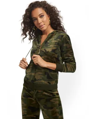 Camo-Print Hooded Velour Zip-Front Jacket - Dreamy Velour Collection