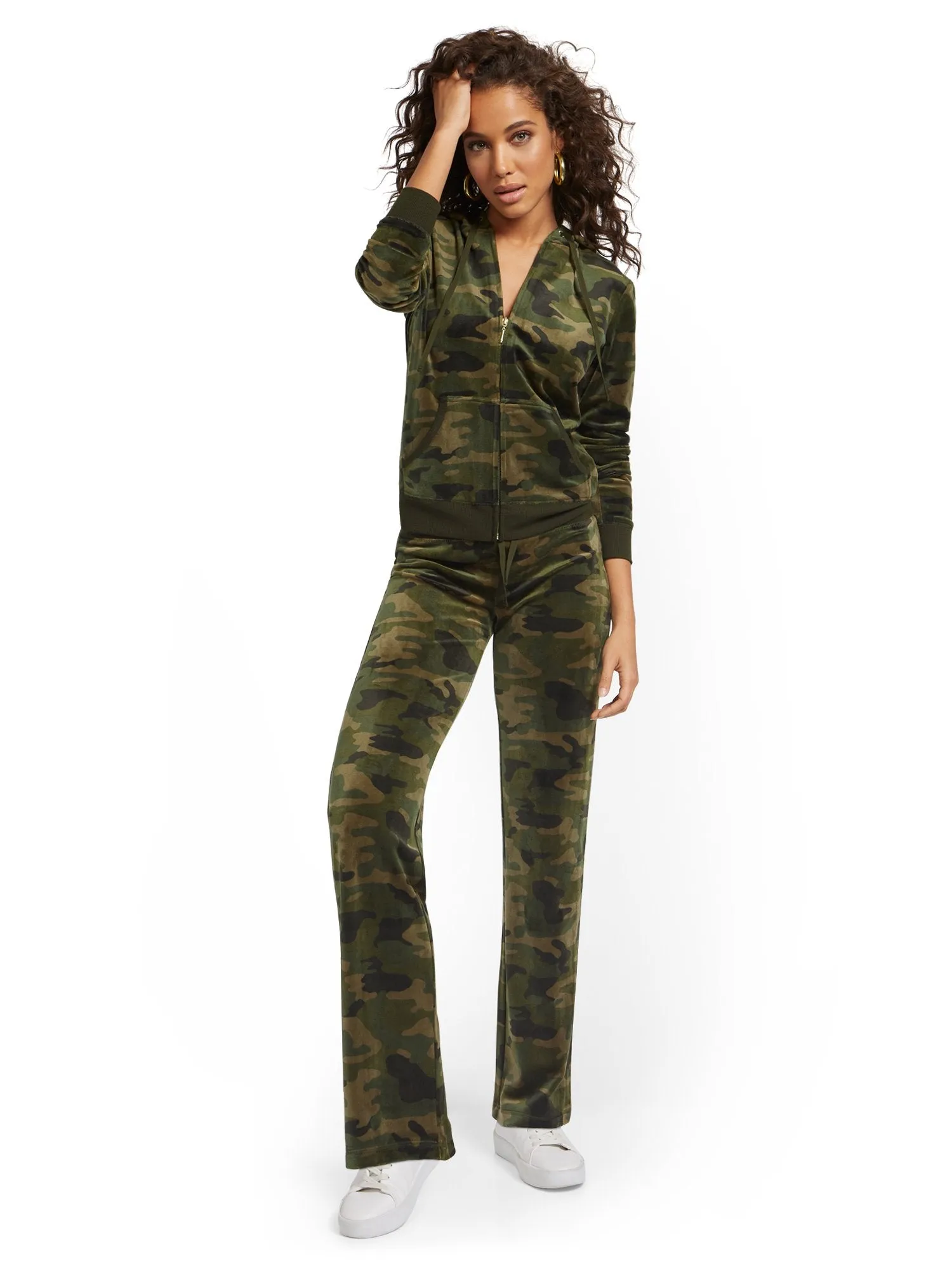 Camo-Print Hooded Velour Zip-Front Jacket - Dreamy Velour Collection