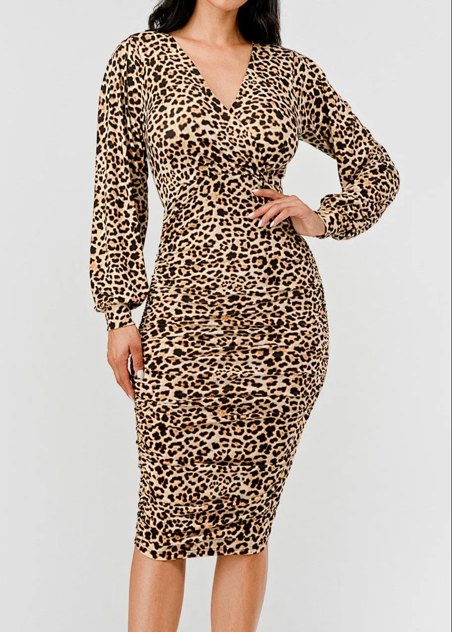 CASS LEOPARD PRINT RUCHED MIDI DRESS