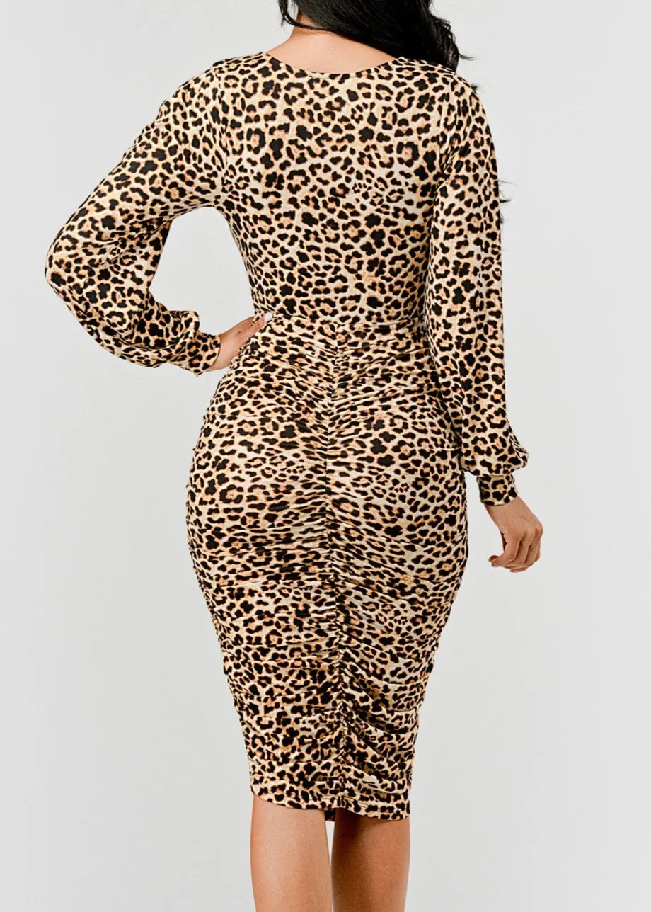 CASS LEOPARD PRINT RUCHED MIDI DRESS
