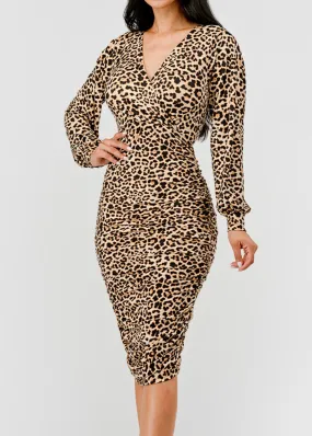 CASS LEOPARD PRINT RUCHED MIDI DRESS