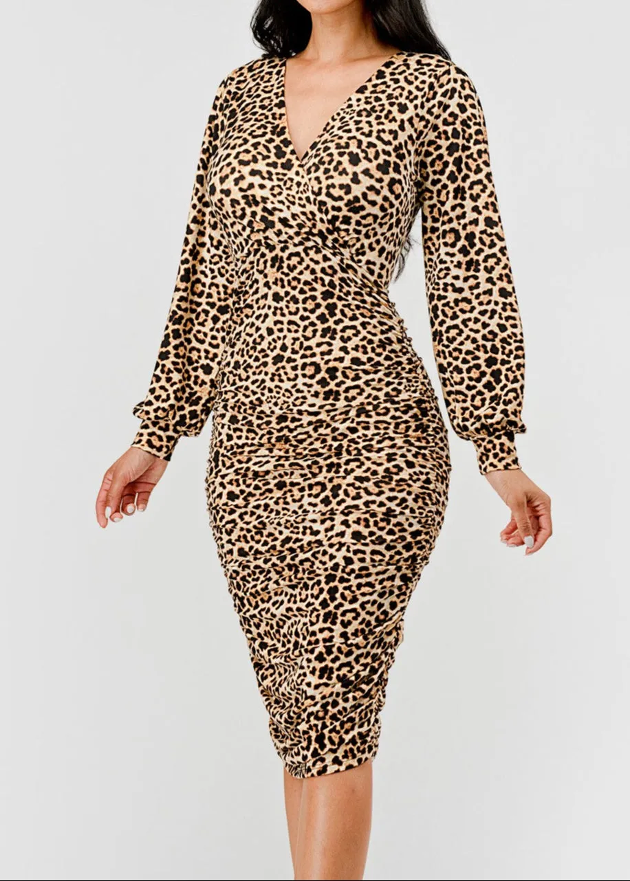 CASS LEOPARD PRINT RUCHED MIDI DRESS