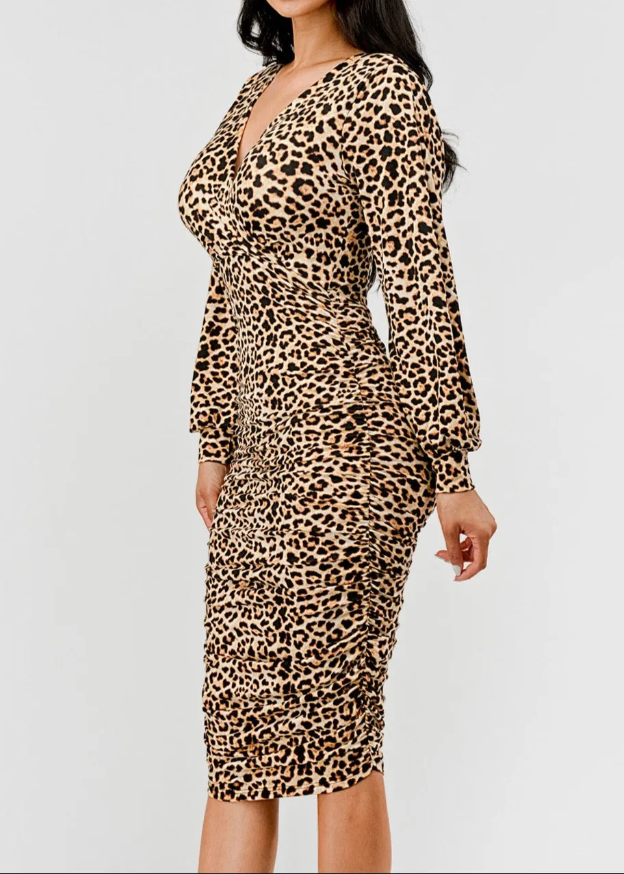 CASS LEOPARD PRINT RUCHED MIDI DRESS