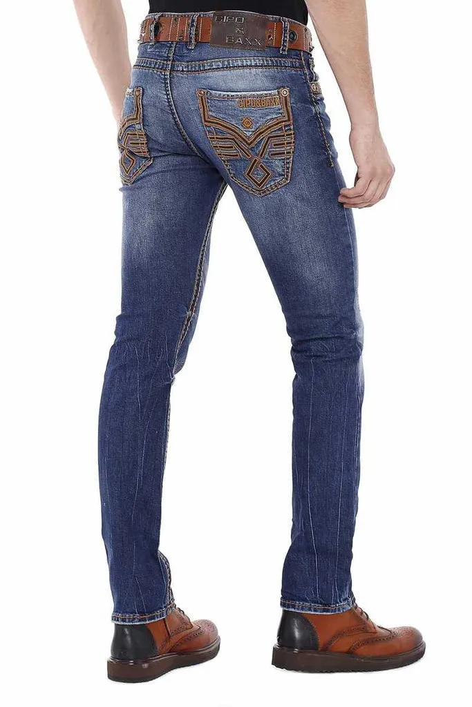 CD483 Washed Men's Jeans with Embroidered Pockets