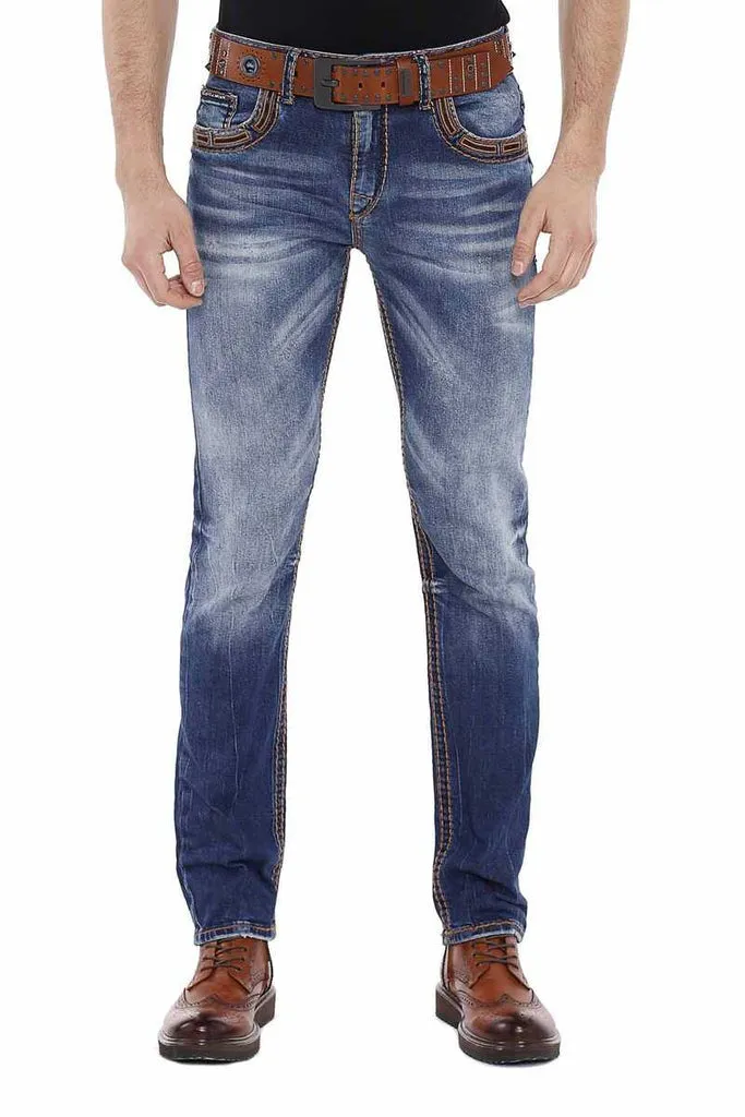 CD483 Washed Men's Jeans with Embroidered Pockets