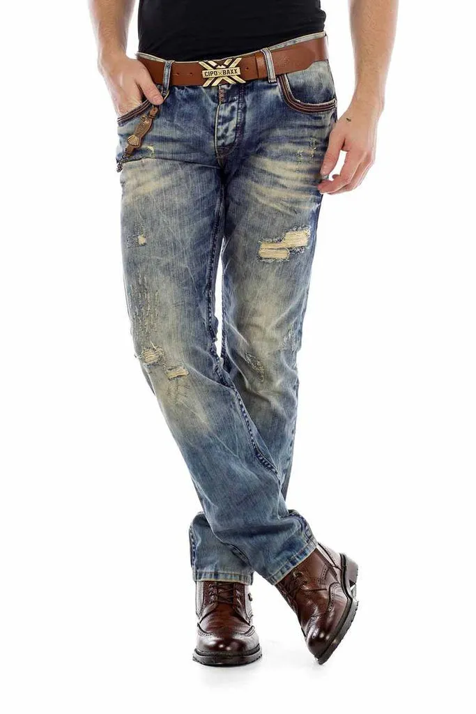 CD493 Pocket Embroidered Chain Ripped Men's Jean Trousers