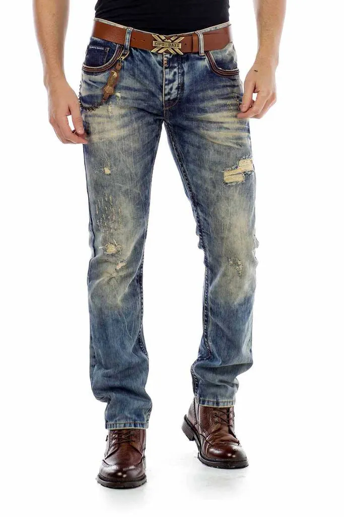 CD493 Pocket Embroidered Chain Ripped Men's Jean Trousers