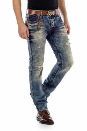 CD493 Pocket Embroidered Chain Ripped Men's Jean Trousers