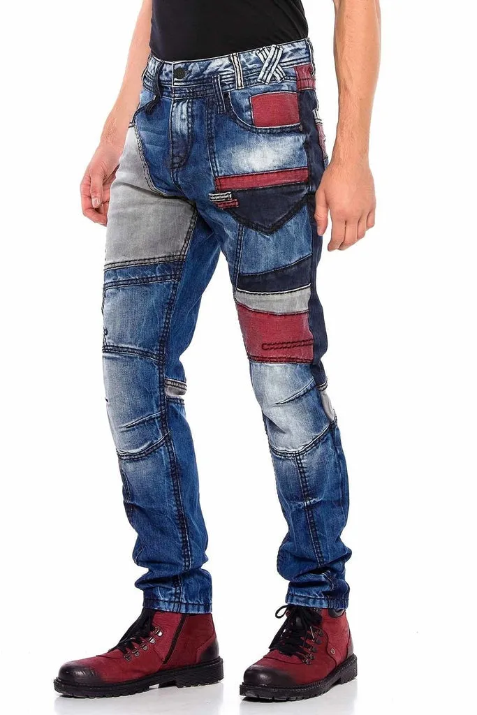 CD574 Embroidered Piece Colored Patchwork Regular Cut Jeans