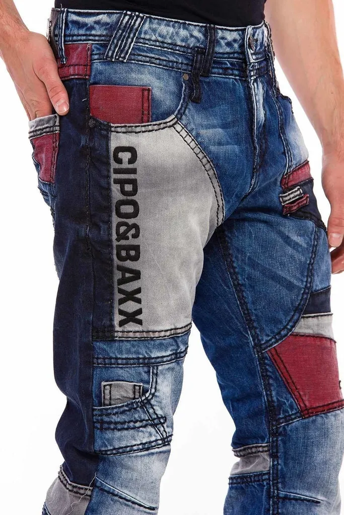 CD574 Embroidered Piece Colored Patchwork Regular Cut Jeans