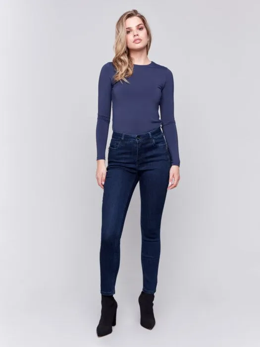 Charlie B Blue Black Stretch Denim 5-Pockets Pant With Side Zipper Detail At Front Pockets