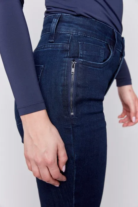 Charlie B Blue Black Stretch Denim 5-Pockets Pant With Side Zipper Detail At Front Pockets