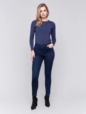 Charlie B Blue Black Stretch Denim 5-Pockets Pant With Side Zipper Detail At Front Pockets