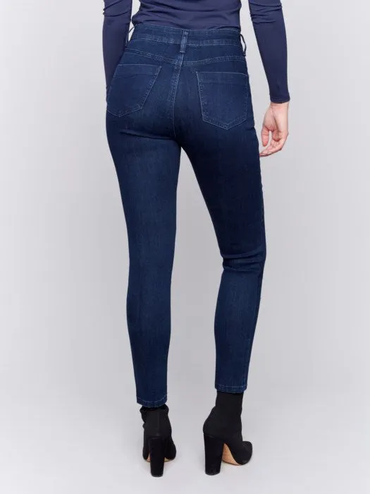 Charlie B Blue Black Stretch Denim 5-Pockets Pant With Side Zipper Detail At Front Pockets