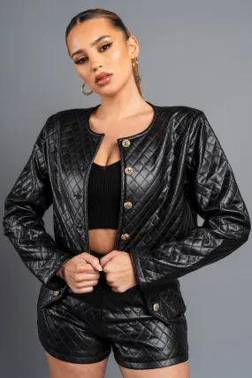 CHIC QUILTED LEATHER CROPPED JACKET & SHORTS SET