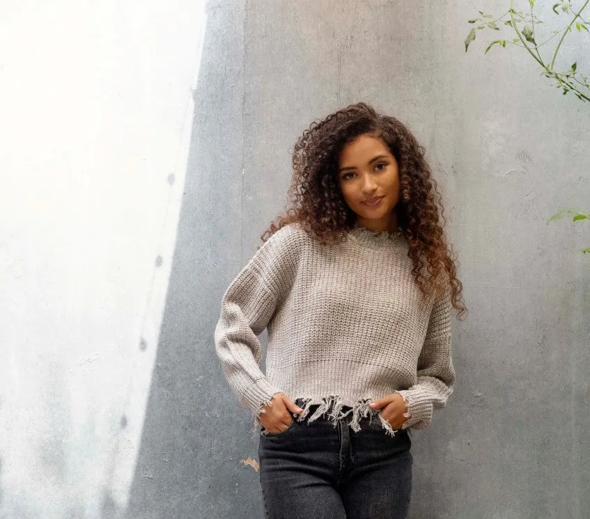 coco   jaimeson: crew neck solid deconstructed sweater - heather grey