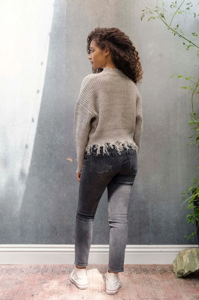 coco   jaimeson: crew neck solid deconstructed sweater - heather grey