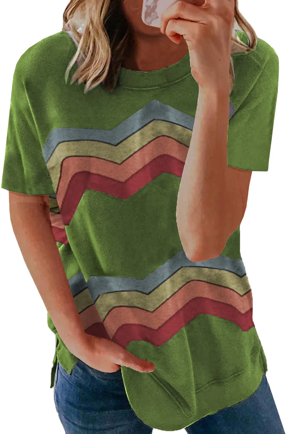 Colorful Wavy Stripes Print Short Sleeve Tee