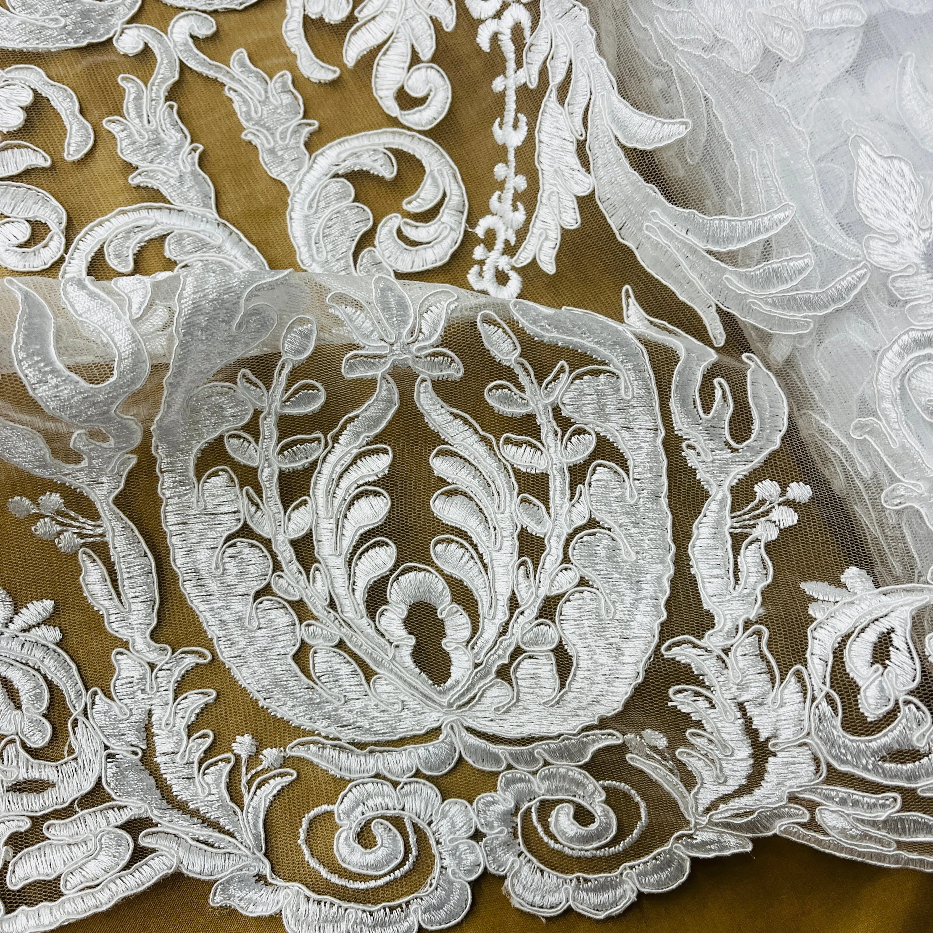 Corded Bridal Lace Fabric Embroidered on 100% Polyester Net Mesh | Lace USA - 97087W