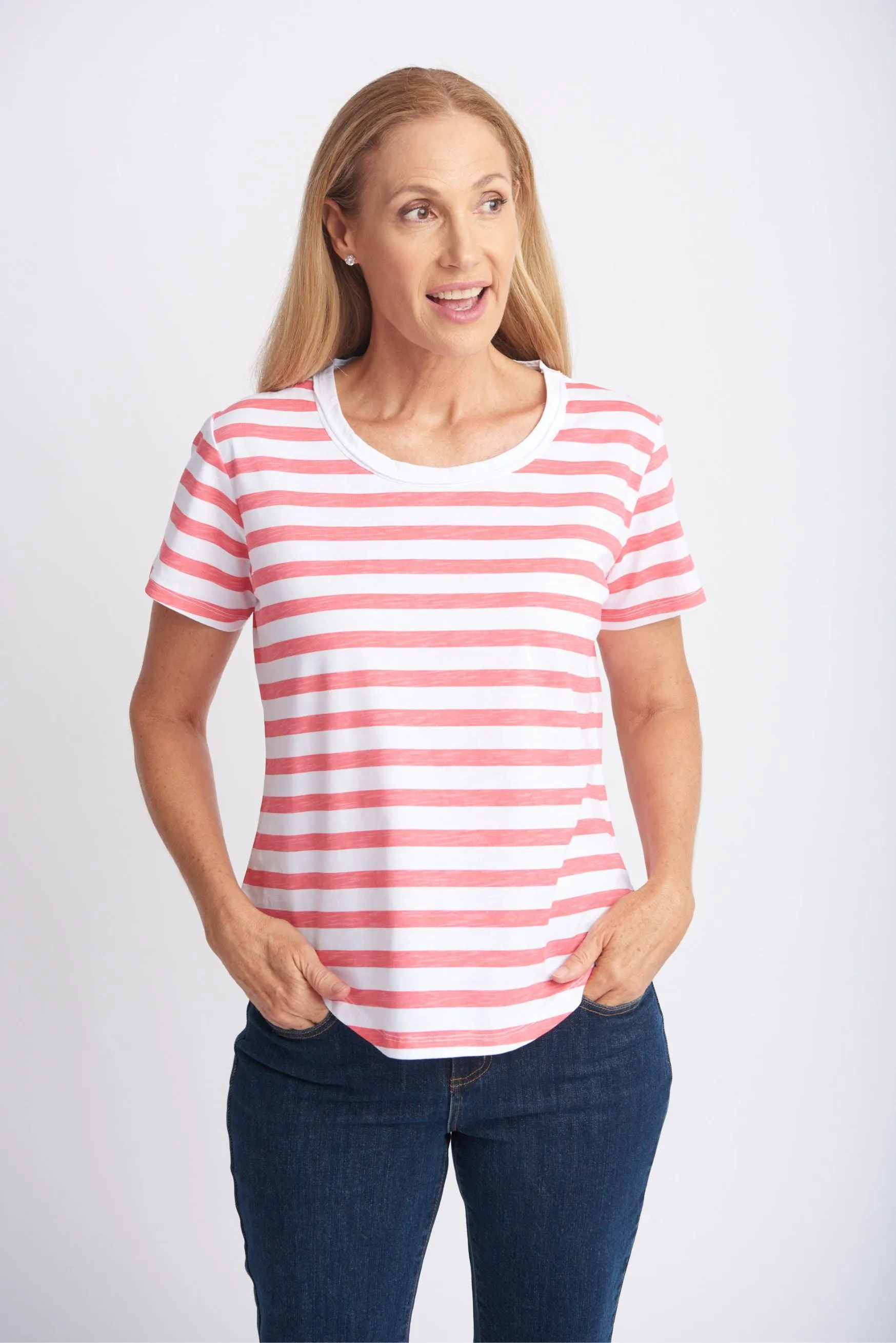 Cotton Slub Striped Crew Neck Tee Coral/White