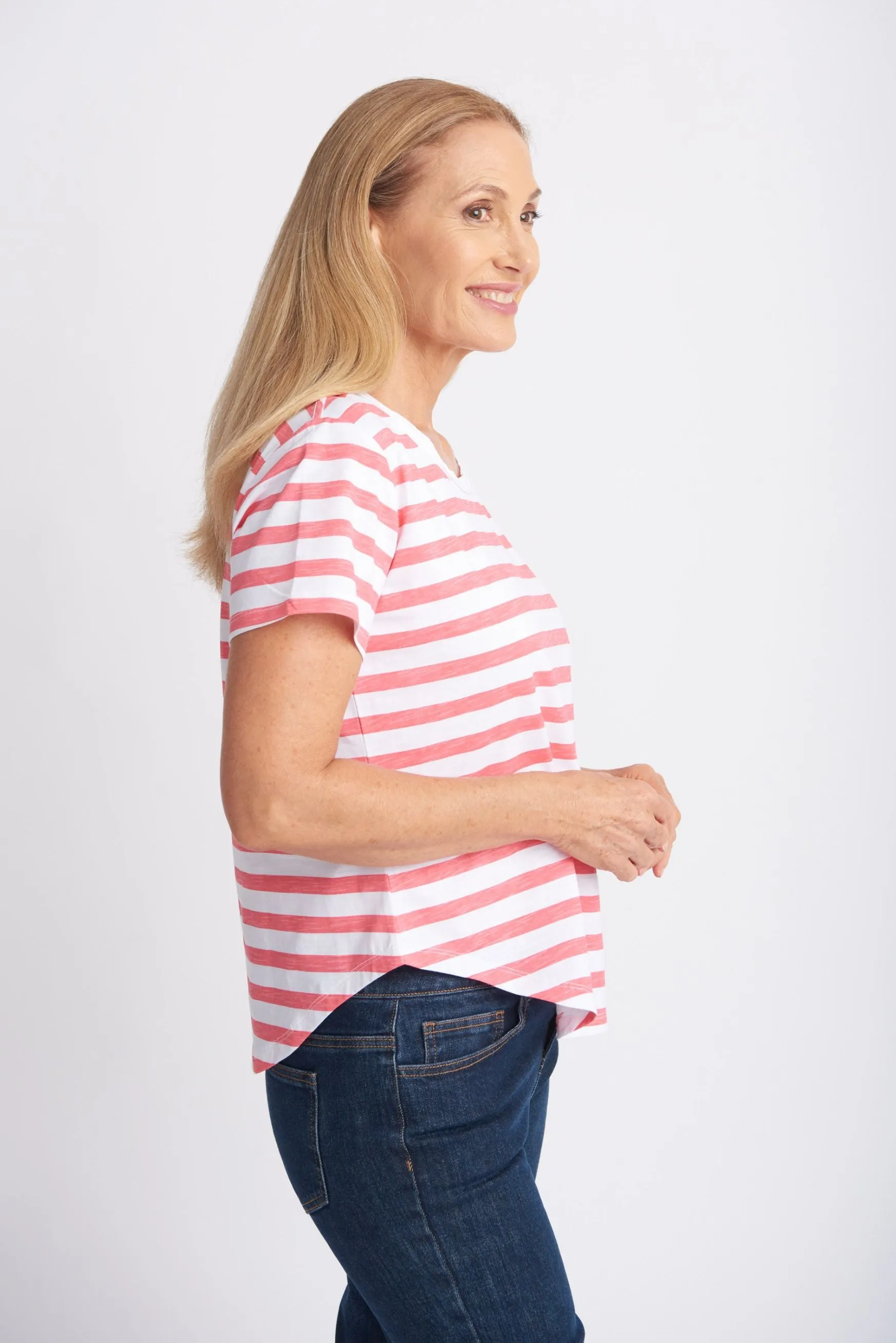 Cotton Slub Striped Crew Neck Tee Coral/White