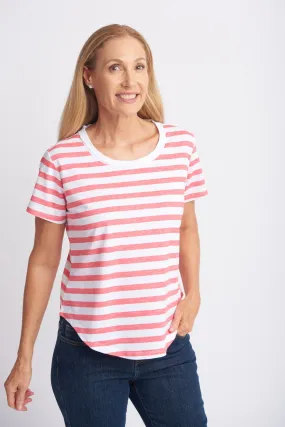 Cotton Slub Striped Crew Neck Tee Coral/White