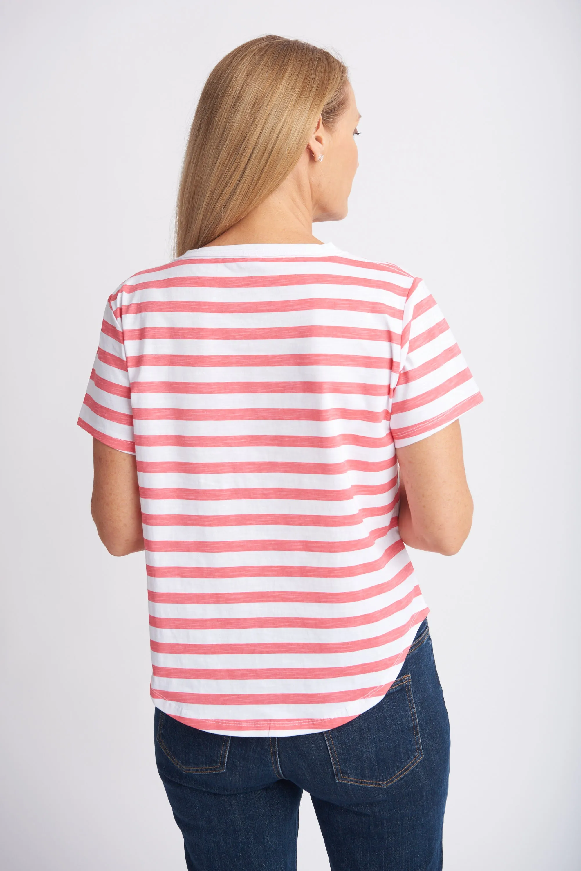Cotton Slub Striped Crew Neck Tee Coral/White