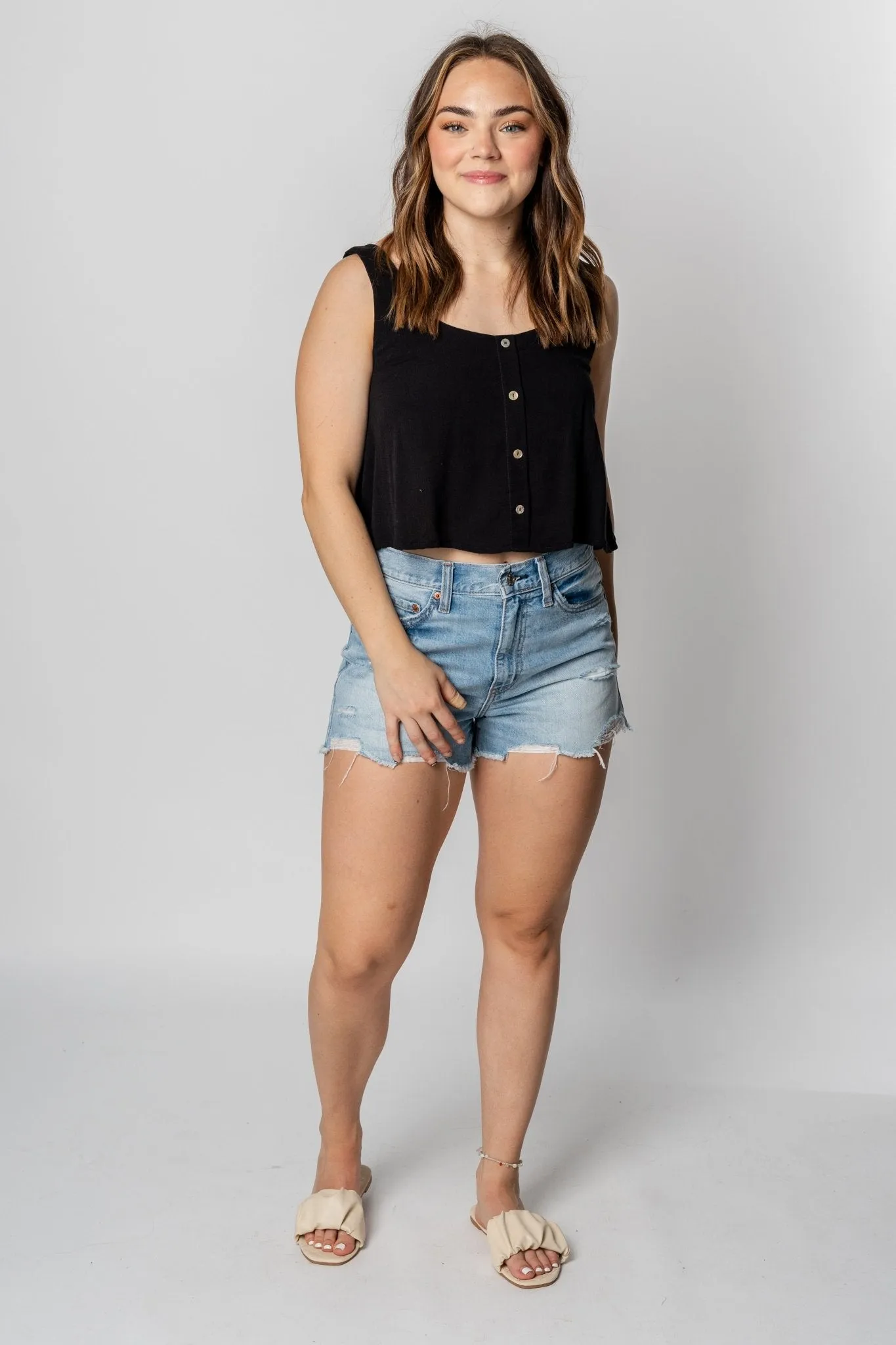 Cropped button tank top black