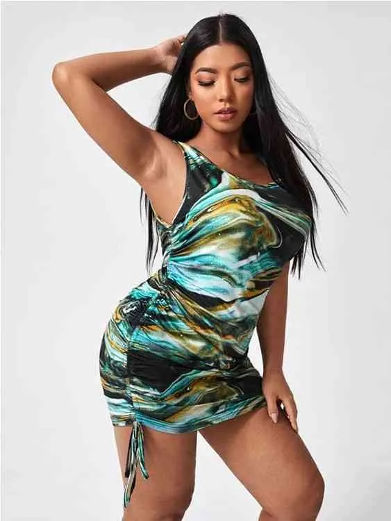 Curvy Printed Drawstring Ruched Dress