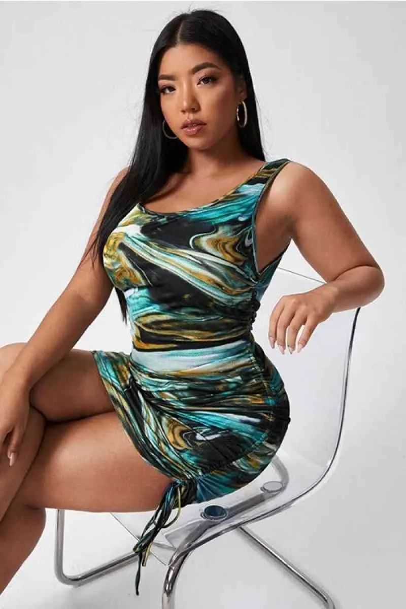 Curvy Printed Drawstring Ruched Dress