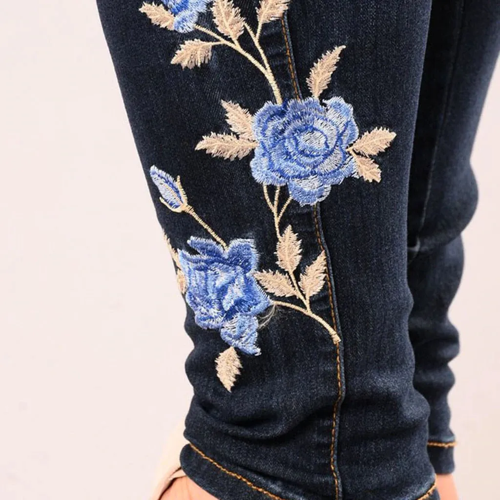Denim Jeans Pants Floral Embroidered