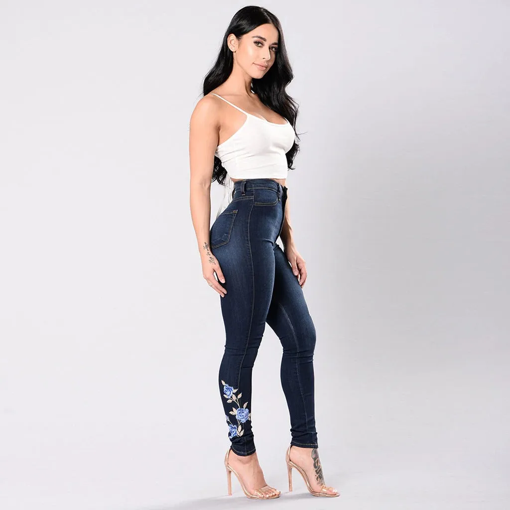 Denim Jeans Pants Floral Embroidered