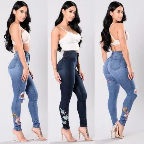 Denim Jeans Pants Floral Embroidered