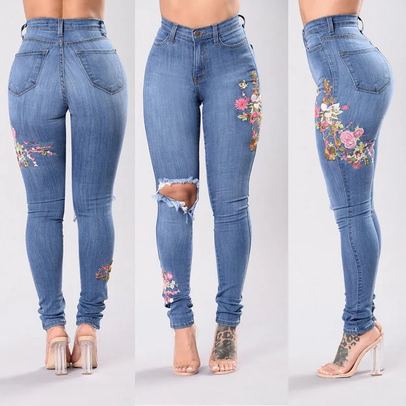 Denim Jeans Pants Floral Embroidered