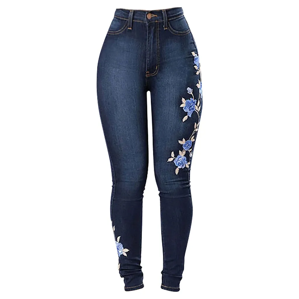 Denim Jeans Pants Floral Embroidered