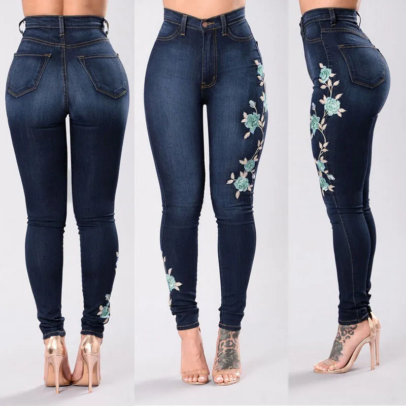 Denim Jeans Pants Floral Embroidered