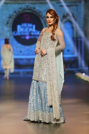 Designer embroidered gharara dress in blue and white color # B3351