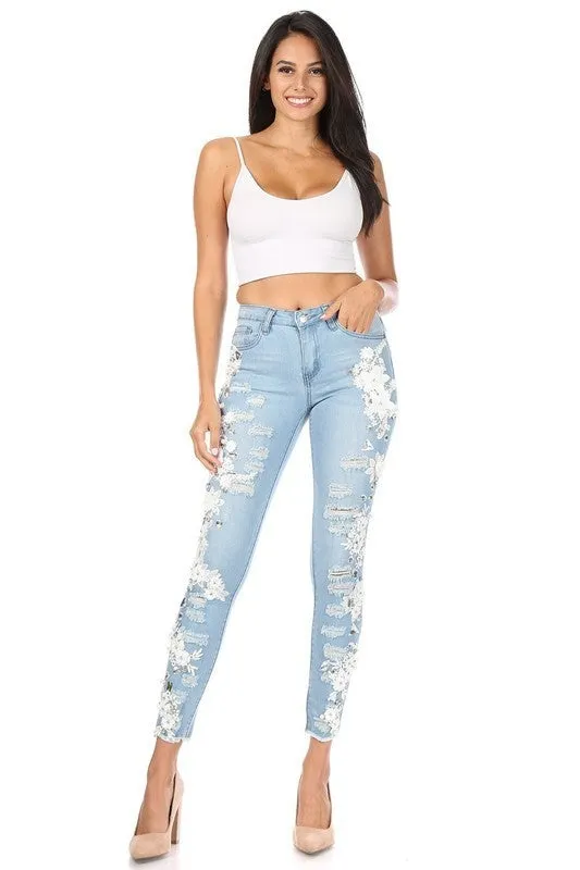 Distressed Lace Embroidered and Rhinestone Skinny Jeans