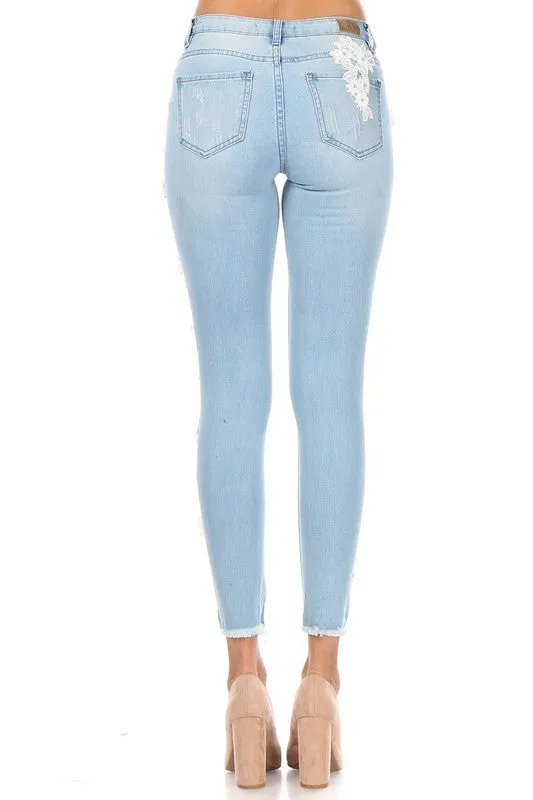 Distressed Lace Embroidered and Rhinestone Skinny Jeans