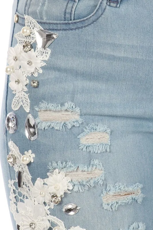 Distressed Lace Embroidered and Rhinestone Skinny Jeans