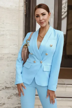 Double Breasted Blazer & Pants Suit Set - Sky Blue