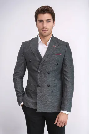 Double Breasted Slim Fit Grey Blazer - Wessi