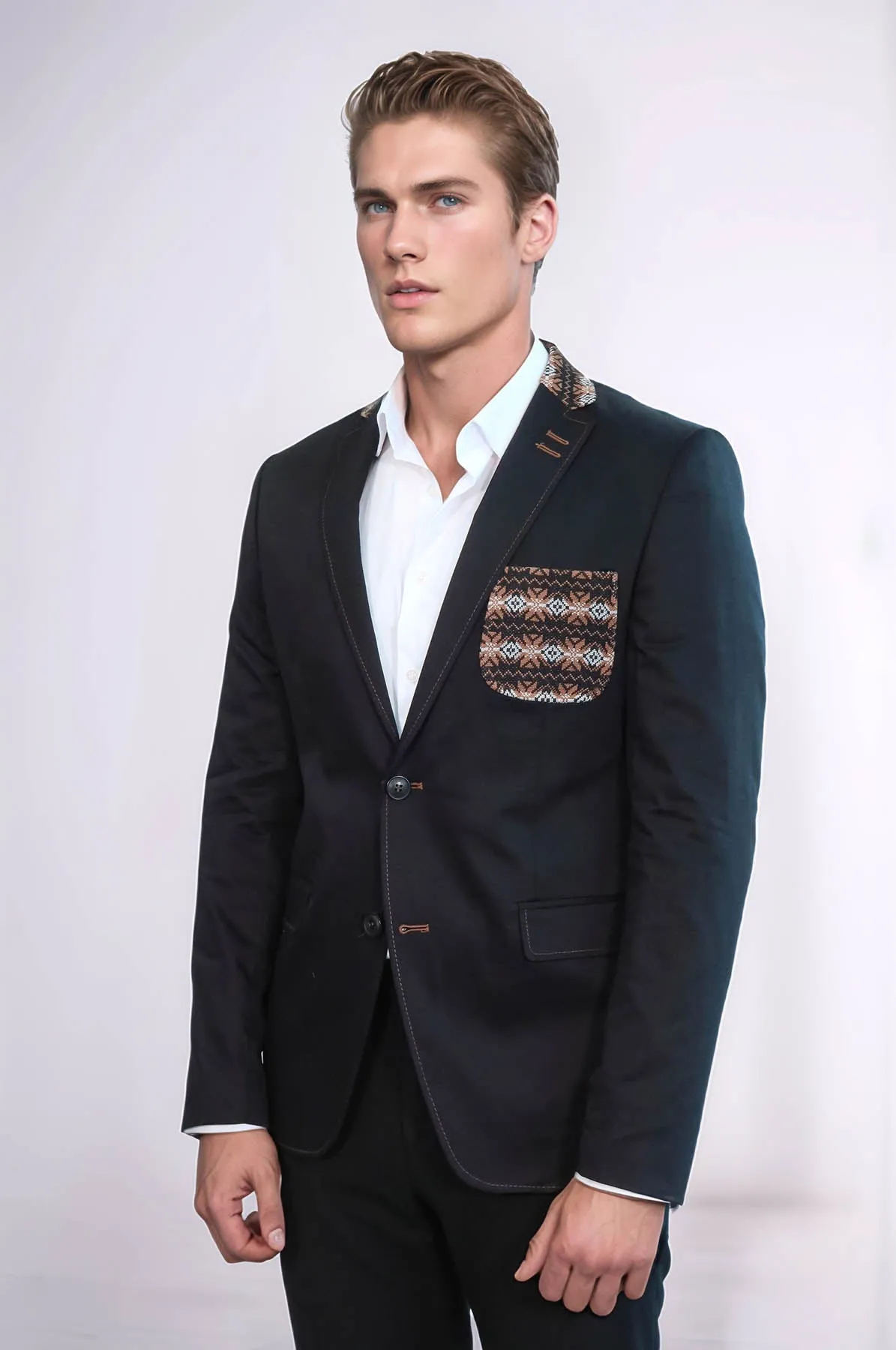 Double Buttons Knit Collar Mono Lapel Black Jacket-Wessi