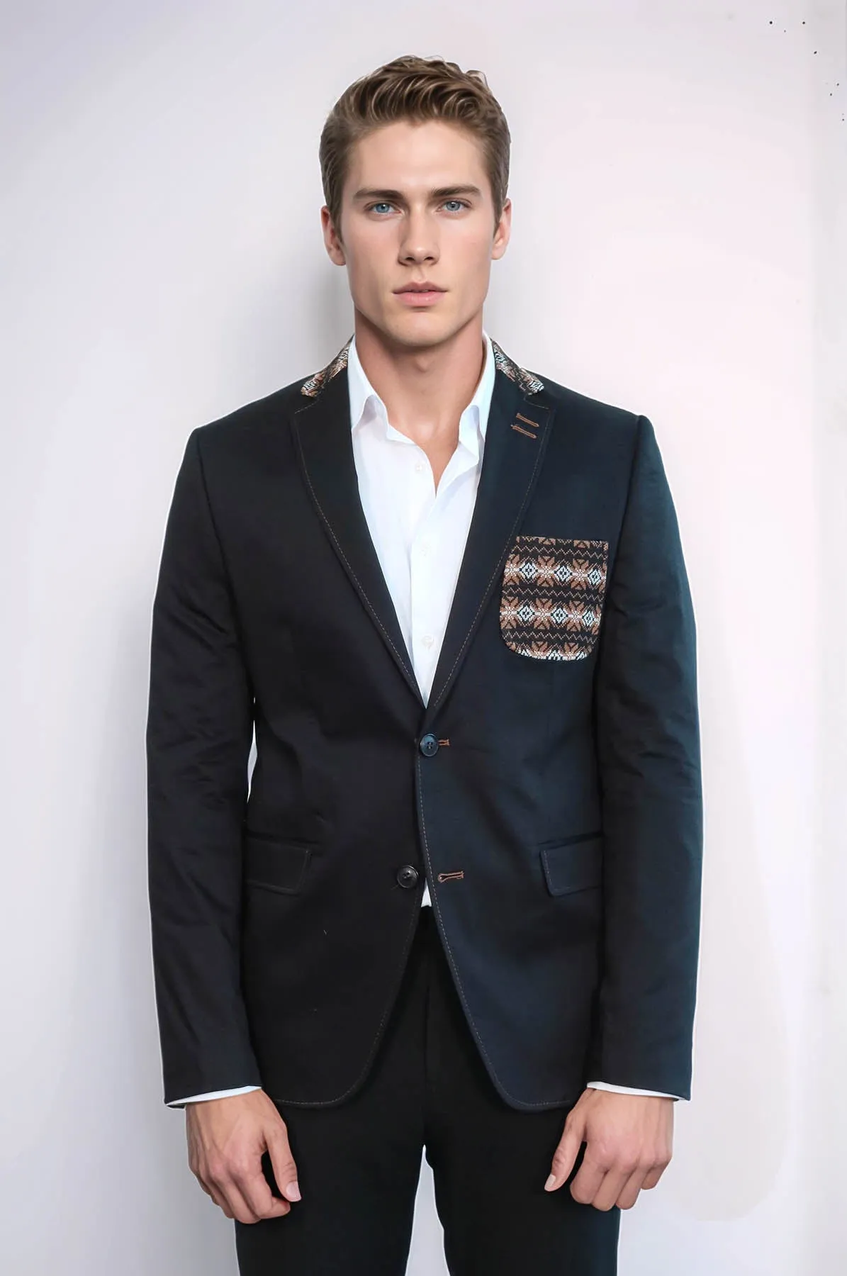Double Buttons Knit Collar Mono Lapel Black Jacket-Wessi