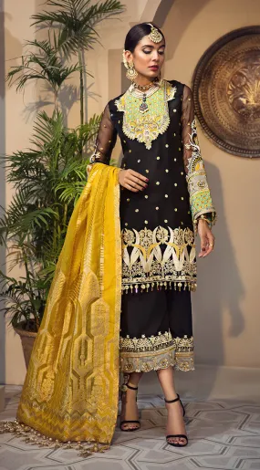 Elegant Pakistani jacquard and organza dress in black color # P2350